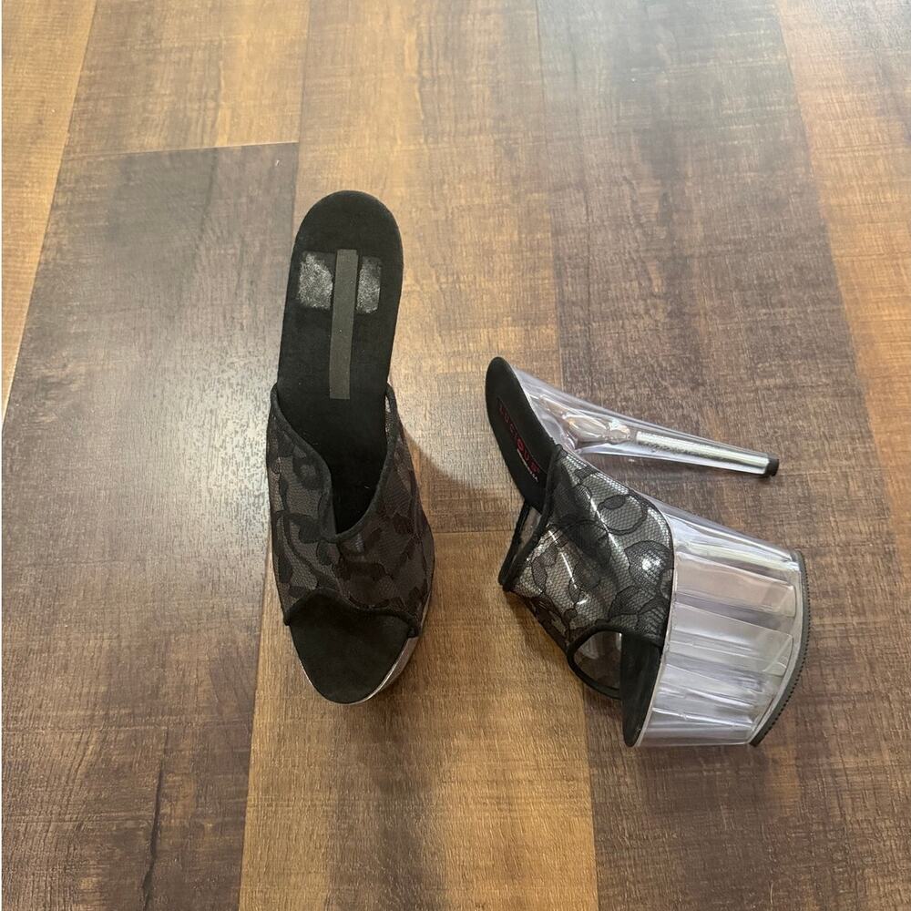 Lucious Clear Platform Heels Size 8 Black Lace Exotic Dancer Pleaser Mules